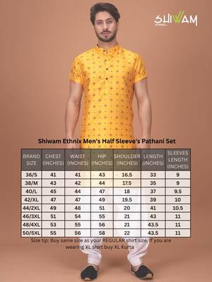 Yellow Silk Half Sleeves Pathani Set For Mens 5