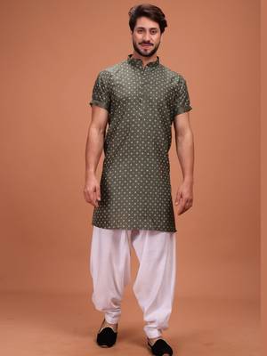 Green Silk Half Sleeves Pathani Set For Mens 1