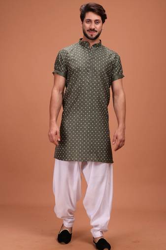 Green Silk Half Sleeves Pathani Set For Mens