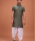 Green Silk Half Sleeves Pathani Set For Mens