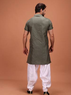 Green Silk Half Sleeves Pathani Set For Mens 2