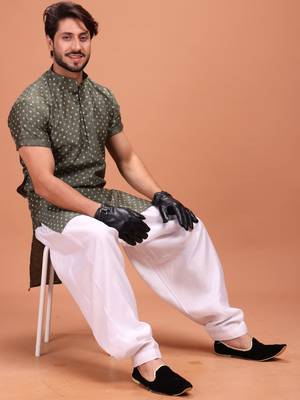 Green Silk Half Sleeves Pathani Set For Mens 3