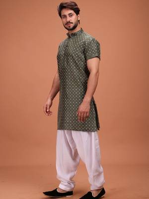 Green Silk Half Sleeves Pathani Set For Mens 4
