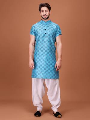 Blue Silk Half Sleeves Pathani Set For Mens 1