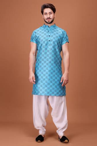 Blue Silk Half Sleeves Pathani Set For Mens