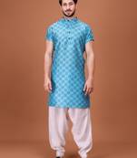 Blue Silk Half Sleeves Pathani Set For Mens