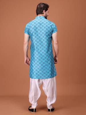 Blue Silk Half Sleeves Pathani Set For Mens 2