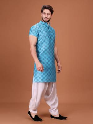 Blue Silk Half Sleeves Pathani Set For Mens 3
