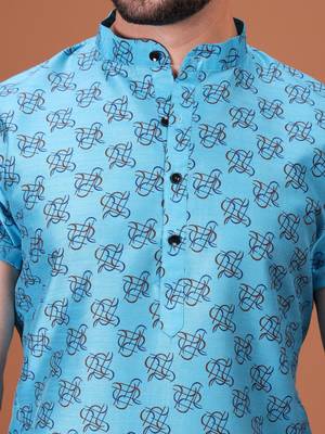 Blue Silk Half Sleeves Pathani Set For Mens 4