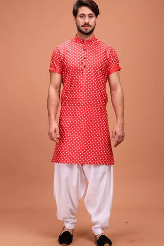 Red Silk Half Sleeves Pathani Set For Mens