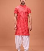 Red Silk Half Sleeves Pathani Set For Mens