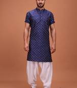 Blue Silk Half Sleeves Pathani Set For Mens