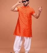 Orange Silk Half Sleeves Pathani Set For Mens