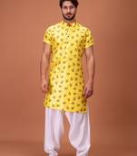 Yellow Silk Half Sleeves Pathani Set For Mens