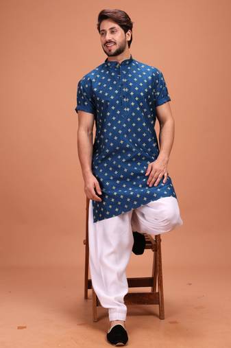 Blue Silk Half Sleeves Pathani Set For Mens