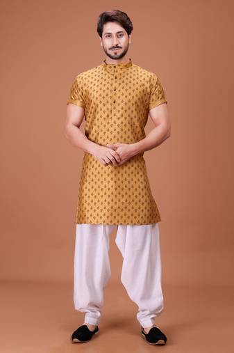 Yellow Silk Half Sleeves Pathani Set For Mens