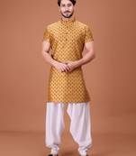 Yellow Silk Half Sleeves Pathani Set For Mens