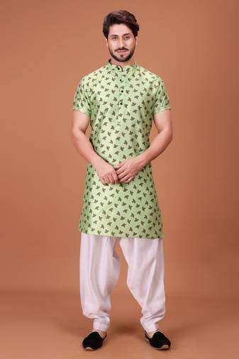 Green Silk Half Sleeves Pathani Set For Mens