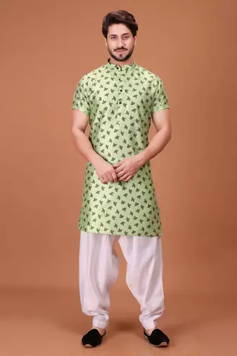 Green Silk Half Sleeves Pathani Set For Mens