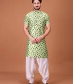 Green Silk Half Sleeves Pathani Set For Mens