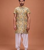Yellow Cotton Half Sleeves Pathani Set For Mens