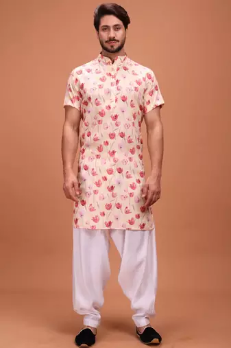Yellow Cotton Half Sleeves Pathani Set For Mens