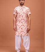 Yellow Cotton Half Sleeves Pathani Set For Mens