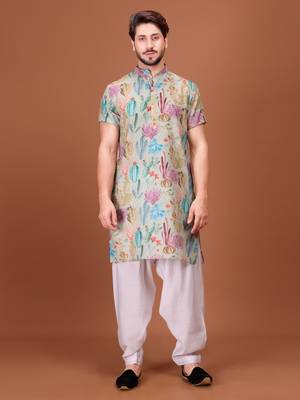 Multicolor Cotton Half Sleeves Pathani Set For Mens 1