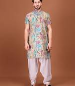 Multicolor Cotton Half Sleeves Pathani Set For Mens