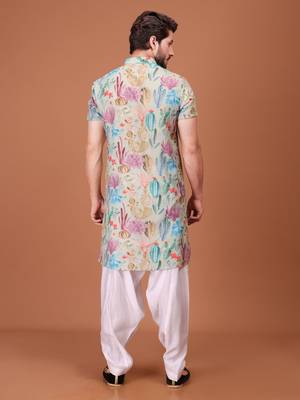 Multicolor Cotton Half Sleeves Pathani Set For Mens 2
