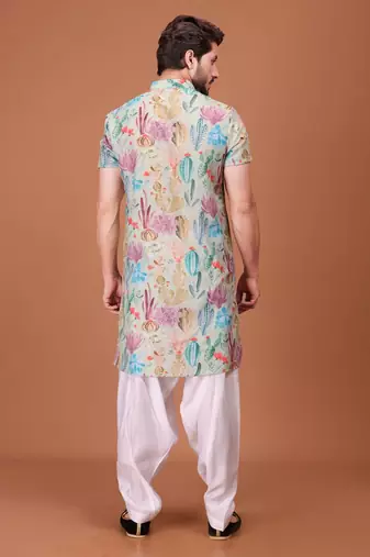 Multicolor Cotton Half Sleeves Pathani Set For Mens