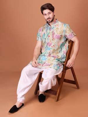 Multicolor Cotton Half Sleeves Pathani Set For Mens 3