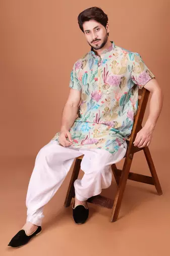 Multicolor Cotton Half Sleeves Pathani Set For Mens