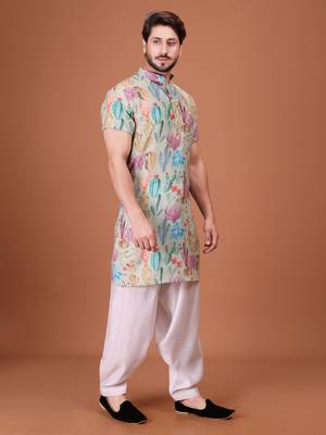Multicolor Cotton Half Sleeves Pathani Set For Mens 4