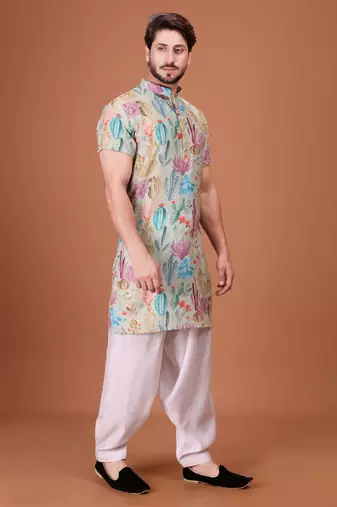 Multicolor Cotton Half Sleeves Pathani Set For Mens