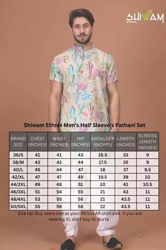 Multicolor Cotton Half Sleeves Pathani Set For Mens