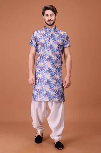 Multicolor Cotton Half Sleeves Pathani Set For Mens