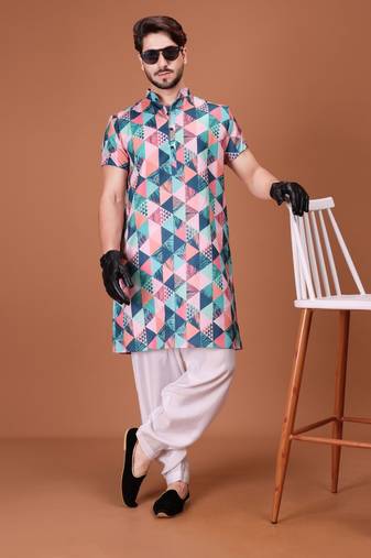 Multicolor Cotton Half Sleeves Pathani Set For Mens