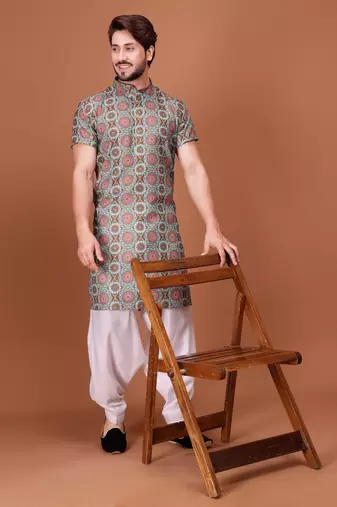 Multicolor Cotton Half Sleeves Pathani Set For Mens