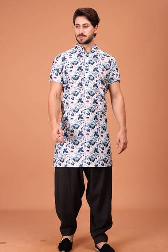 Multicolor Cotton Half Sleeves Pathani Set For Mens