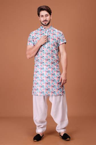 Multicolor Cotton Half Sleeves Pathani Set For Mens