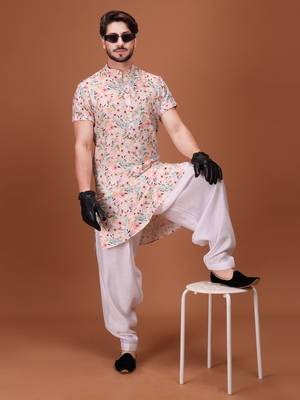 Multicolor Cotton Half Sleeves Pathani Set For Mens 1