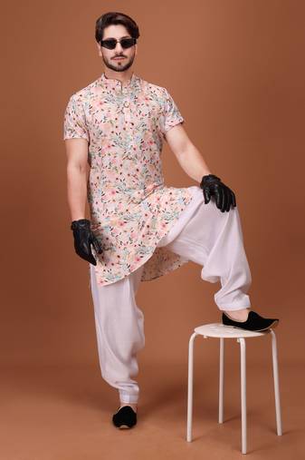 Multicolor Cotton Half Sleeves Pathani Set For Mens