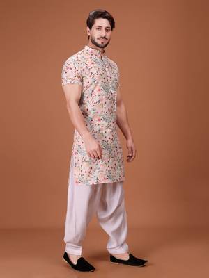 Multicolor Cotton Half Sleeves Pathani Set For Mens 3