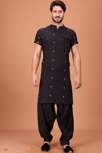 Black Cotton Half Sleeves Pathani Set For Mens