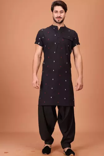 Black Cotton Half Sleeves Pathani Set For Mens