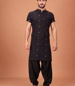 Black Cotton Half Sleeves Pathani Set For Mens
