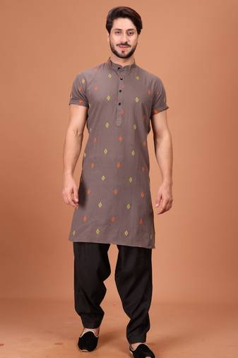 Brown Cotton Half Sleeves Pathani Set For Mens