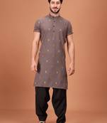Brown Cotton Half Sleeves Pathani Set For Mens
