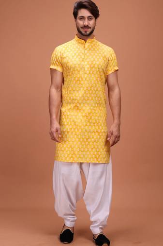Yellow Silk Half Sleeves Pathani Set For Mens